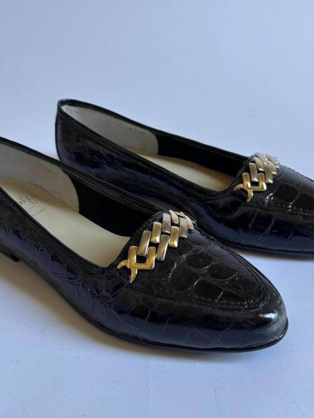 Italian Amalfi Oste Black Croc Embossed Leather Chain Loafers